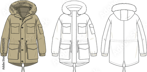 Winter parka jacket design, technical fashion sketch, front and back view, fur hood coat, garment construction, apparel flat vector illustration