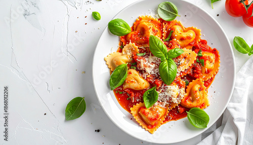 Top-Down View of Heart Ravioli Plate with Sauce, Cheese, and Basil