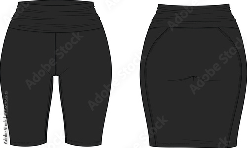 Women's fashion flat technical sketch of high-waisted black cycling shorts with wide waistband, body-hugging fit, contrast stitching detail, front and back view vector illustration.
