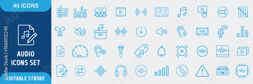 Speaking and Audio Line Icon Set. Voice, Microphone, Speaker, Headphones, Earphones, Music, Listening, Loudspeaker, Speech Bubble, Online Chat and Messaging Icons. Editable Outline Stroke. Vector Illu