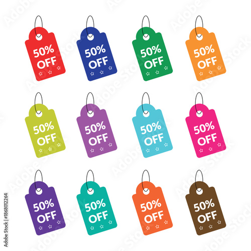 Set of Colorful Sale Tags Featuring 50% Off Promotions for Retail and Shopping