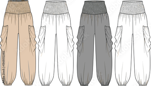 Women's Fashion Harem Pants CAD Technical Drawing, High-Waist Smocked Details, Cuffed Hem, Oversized Utility Cargo Pockets, Flat Vector Illustration Template for Garment Design.