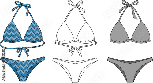 Women's Triangle Bikini Swimsuit CAD Technical Drawing, Halter Neck Tie Top and V-Cut Bottoms, Flat Vector Illustration Template for Beachwear Design and Fashion Tech Pack.