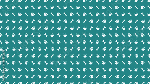 Seamless pattern with white dog paw prints and bones on a teal green background. Minimalist animal footprint vector for pet-themed fabric, veterinary branding, and wallpaper