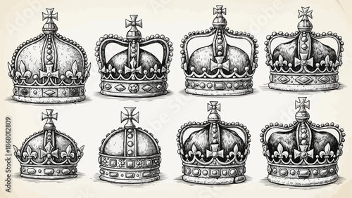 Collection of royal crowns in vintage illustration style.