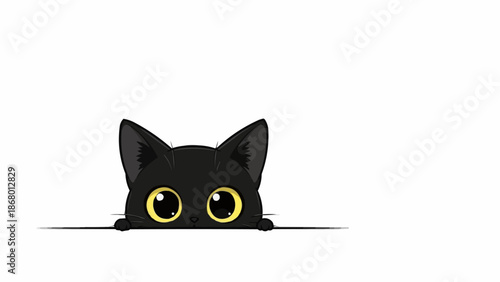 Cute black cat peeking over a white surface with big yellow eyes.