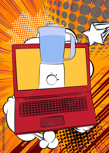 Cartoon Laptop, comic book Notebook with Food Blender. Retro vector comics pop art design.
