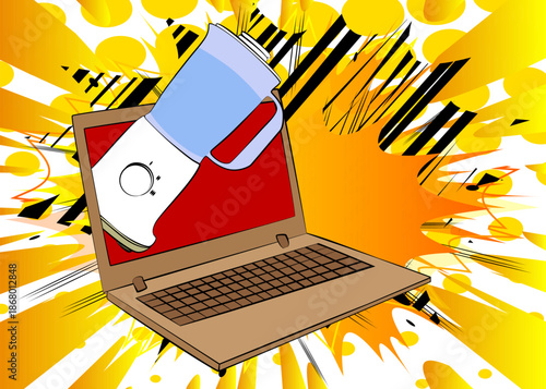 Cartoon Laptop, comic book Notebook with Food Blender. Retro vector comics pop art design.