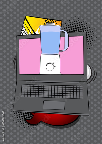 Cartoon Laptop, comic book Notebook with Food Blender. Retro vector comics pop art design.