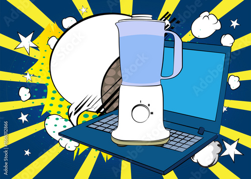 Cartoon Laptop, comic book Notebook with Food Blender. Retro vector comics pop art design.