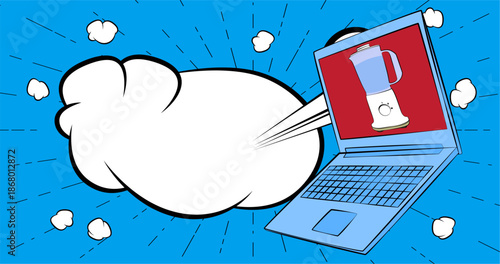 Cartoon Laptop, comic book Notebook with Food Blender. Retro vector comics pop art design.