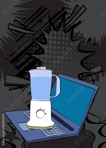 Cartoon Laptop, comic book Notebook with Food Blender. Retro vector comics pop art design.