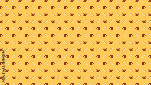 Seamless pattern with brown dog paw prints and white bones on a yellow background. Cute animal footprint vector illustration for pet shop branding and wallpaper