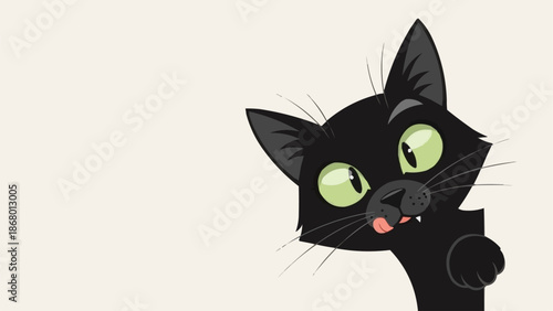 Funny Black Cat Peeking Around Corner With Wide Eyes.