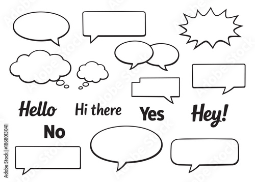 Hand drawn line art communication elements set featuring speech and thought bubbles with common greetings for graphic design
