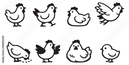 Simple line art chicken and chick set featuring various birds in different poses for farm and animal concepts