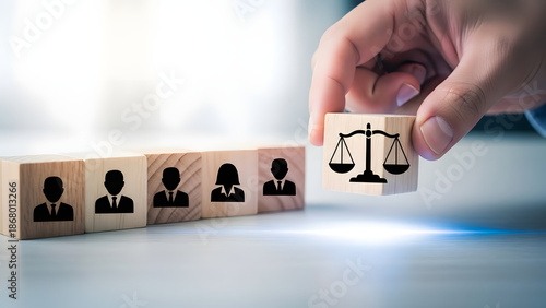 A hand places a justice scale block among employee icons, symbolizing fairness, equality, and legal compliance in business