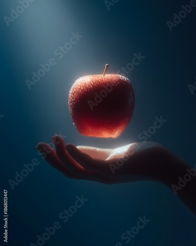 A hand holding a fresh ripe red apple with water splashes and juicy drops isolated on a white background for a healthy diet
