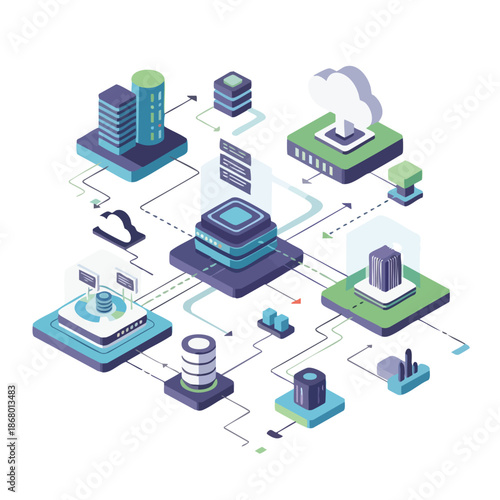 Isometric illustration of a network infrastructure with interconnected servers, databases, and buildings in a futuristic tech environment with blue and green hues.