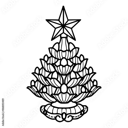 ornate floral Christmas tree with star topper outline