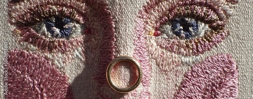 A macro closeup art piece of a bird face with green eyes peeking from a wooden box, highlighting the abstract texture and black head of the animal