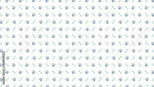 Seamless pattern of cute blue paw prints and turquoise bones on white background, pet animal wallpaper vector