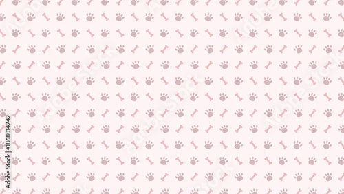 Seamless pattern of dusty pink paw prints and mauve dog bones on a soft pink background, pet animal wallpaper vector