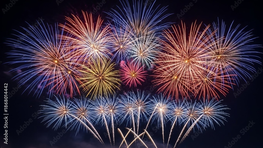 Fototapeta premium Colorful fireworks explode in a dark night sky during a festive celebration