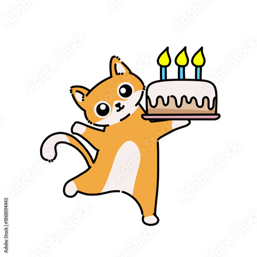 Cute colored cat carrying birthday cake with lit candles.