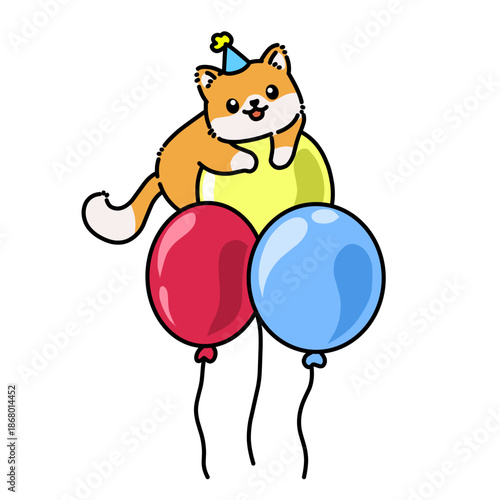 Colorful illustration of a joyful cat riding balloons.