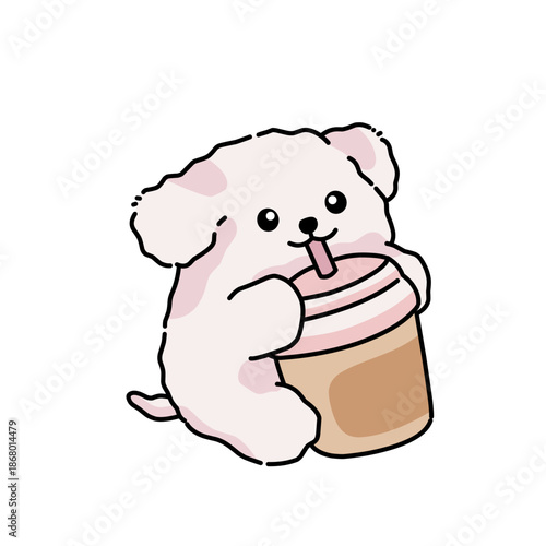 Cute colored illustration of a fluffy puppy happily drinking from a cup.