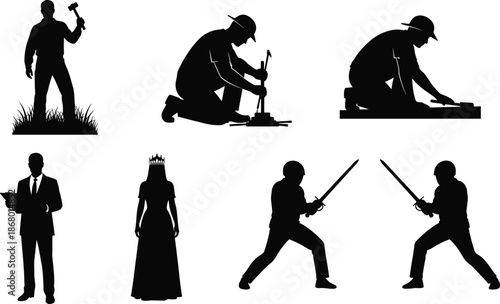 Silhouette workers craftsmen business leader queen medieval sword fighters carpentry hammering construction people vector set isolated on white background