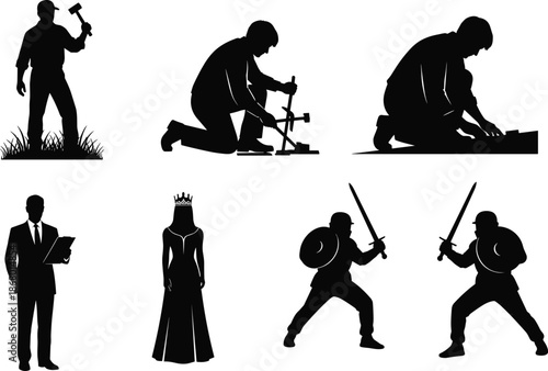 Silhouette people working crafting building hammering carpentry business leadership queen medieval warriors sword fight battle vector set isolated white background