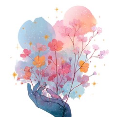 A beautiful pink floral heart pattern with spring blossom flowers and butterflies floating in a summer sky vector nature design