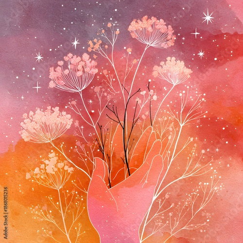 Abstract floral vector pattern with pink blossoms and green leaves creates a beautiful nature illustration for a spring garden wallpaper or summer bloom card design art