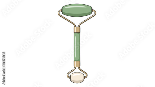 A detailed illustration of a green jade roller with a gold frame, a double-sided tool for facial massage and skincare.