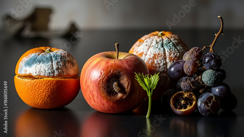 Detailed studio shot of moldy oranges, a worm-eaten apple, and decaying grapes showcasing food waste.