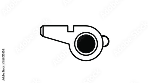 A simple black and white icon of a whistle, representing coaching, authority, sports, or an alert signal in business.