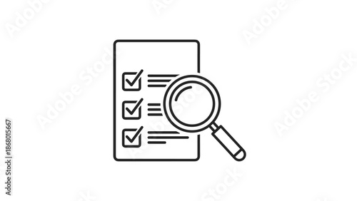 A line art icon of a magnifying glass over a checklist with all items marked, symbolizing audit, review, and inspection.
