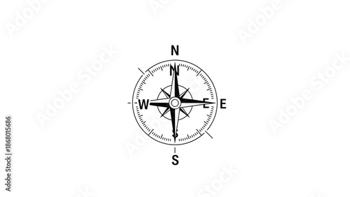 A classic black and white compass rose icon indicating the cardinal directions, symbolizing navigation, direction, and exploration.