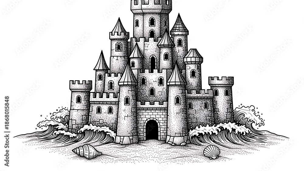 Obraz premium sand castle sketch engraving vector illustration T-shirt apparel print design Scratch board imitatio