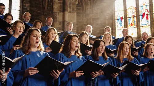 A large choir in blue robes singing together in a historic church with stained glass windows
