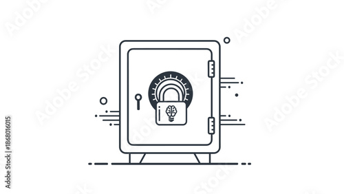 Animated line art icon of a secure bank safe with a padlock featuring a brain symbol, representing intellectual property protection.