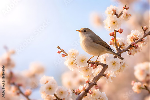 梅の花に佇むウグイスのやわらかな春景色