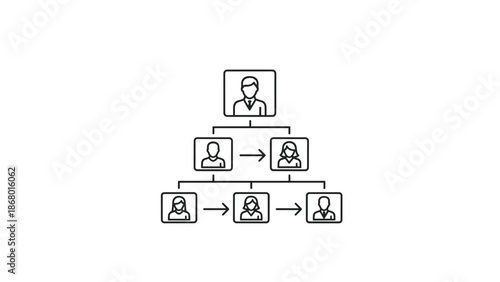 Animated organizational chart icon with arrows showing workflow and communication between different levels of a corporate team structure.