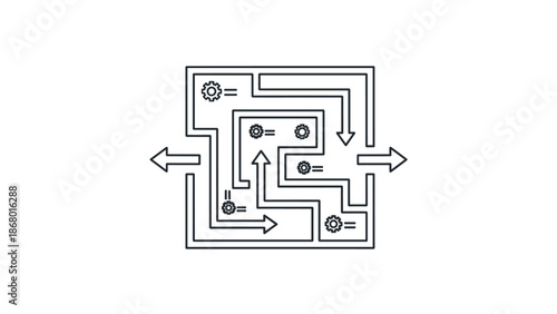 Animated line art concept of a maze with input and output arrows, symbolizing problem-solving, complexity, and finding a strategic path.