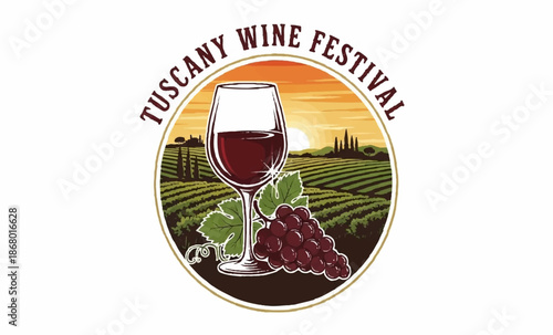 TUSCANY WINE FESTIVAL Vector Illustration with Red Wine Glass, Grapes, and Vineyard Sunset Landscape
