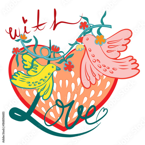 vector illustration of a bird with heart, Set of valentines day doodle sticker vector flat illustration. Collection of love symbol and romantic elements cartoon character. Hand drawn 14 february isola