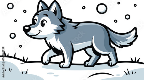 Cute Cartoon Wolf Pup Walking Through Snowy Winter Landscape Illustration Vector Graphic for Children Design,