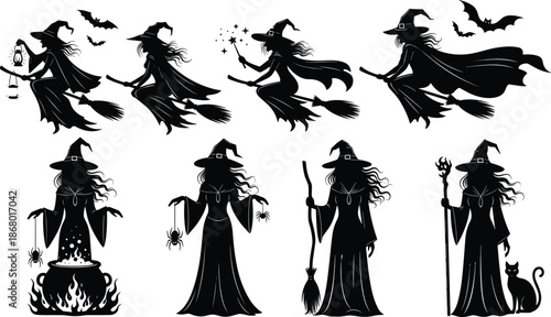 Witch silhouette vector collection with flying broom, magic wand, cauldron, bats and Halloween elements for spooky party decoration designs.